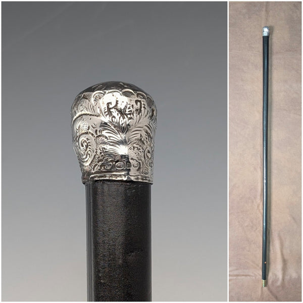 1889年 英国アンティーク ブラックシャフト 純銀製ロンデルハンドル 軽量ステッキ 杖 88cm